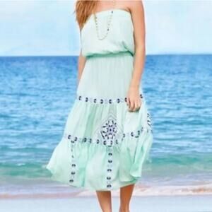 Vineyard Vines Strapless Silk Embroidered Tiered Midi Dress Turquoise Green S